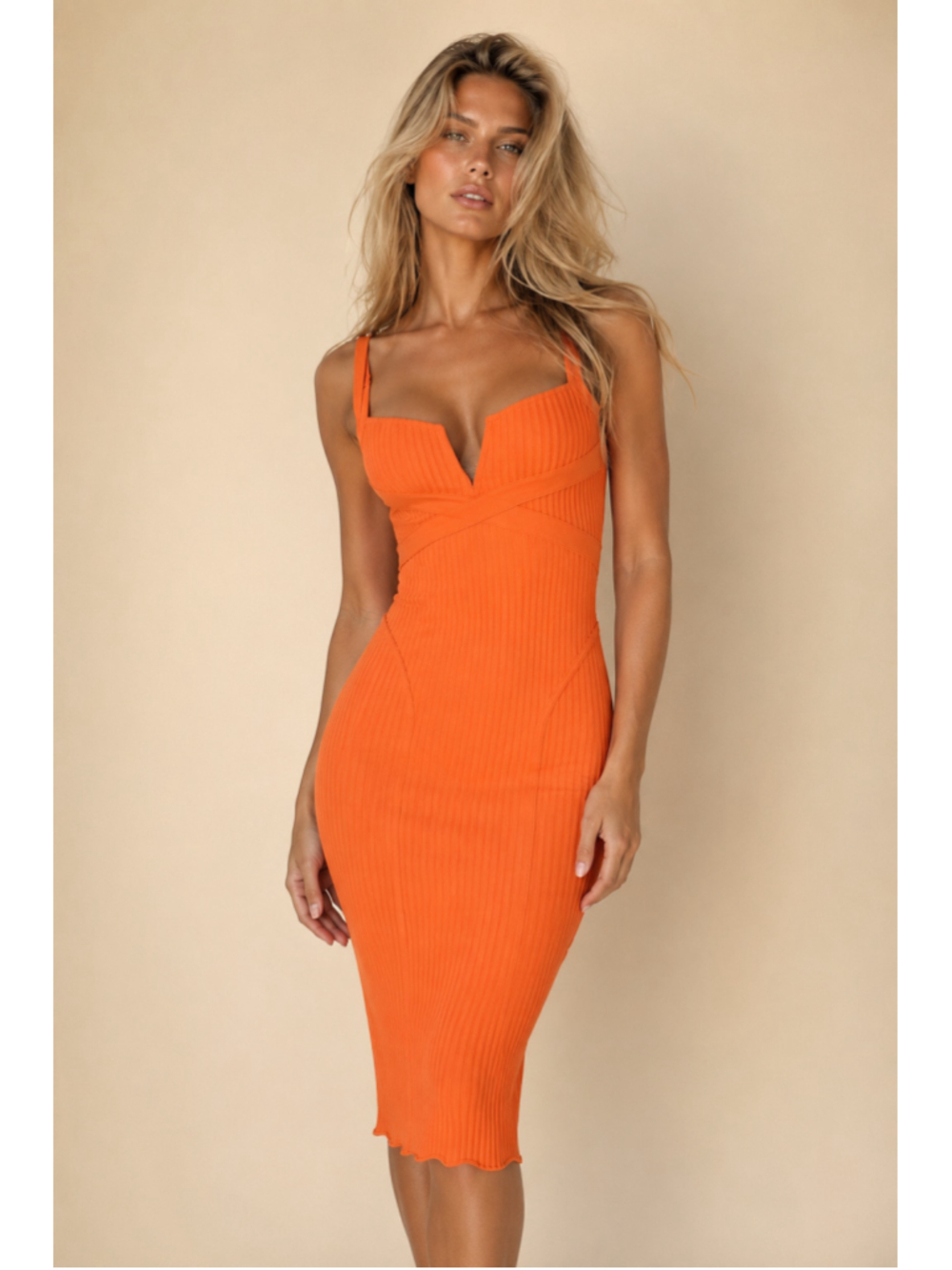 Fashion Nova Orange Ribbed Bodycon Midi Dress Y2K Vaca Party Glam Date Night - Picture 1 of 8